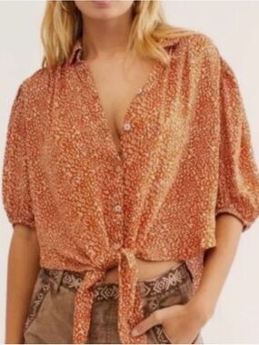 Free People - Celia Fun Print Button Down Tie Front Long Sleeve Blouse Size XL